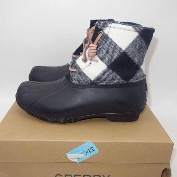 NEW Sperry Saltwater Cozy Wool Navy Blue Plaid Duck Winter Boots Women's 6 - Picture 2 of 9
